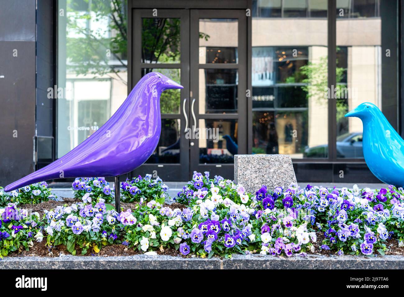 New bird shapes decorations in the gardens of Bloor Yorkville district. The series of ornament interchanges cool and warm color tones. Stock Photo