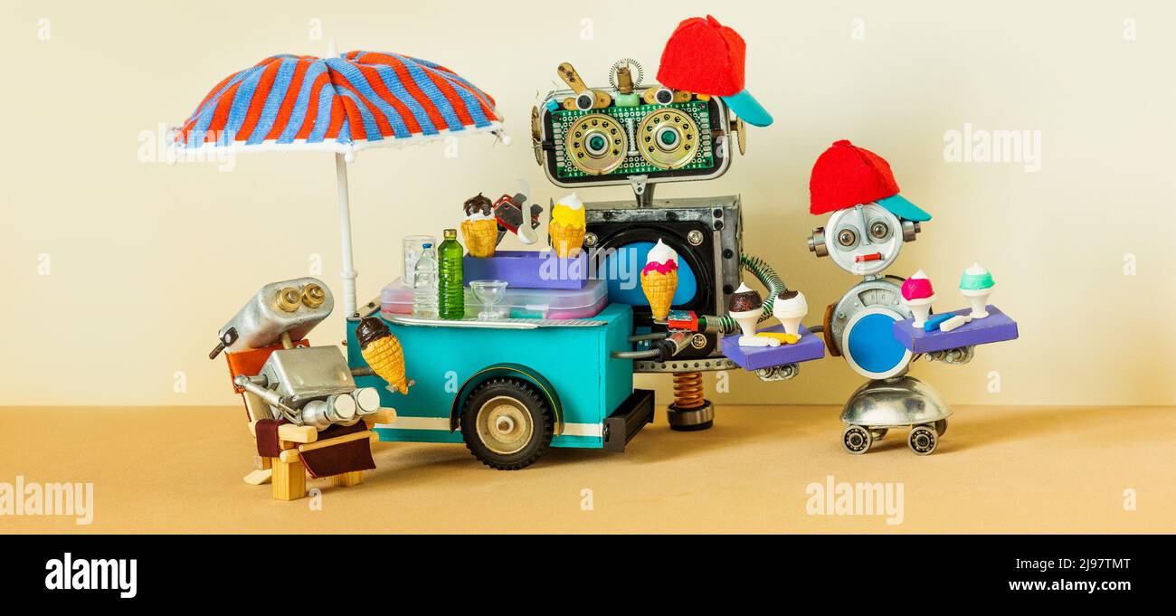 Mobile ice cream lemonade shop. Summer cart big umbrella, robotics sellers waffle cones of ice cream. Metal robot is resting in a wooden deck chair. S Stock Photo