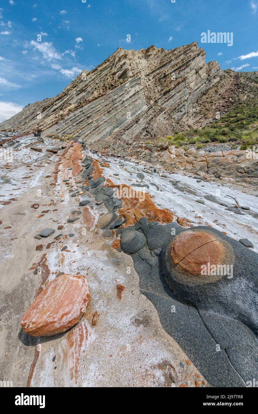Geological layers at Tabernas desert, Almeria province, Andalusia, Spain Stock Photo