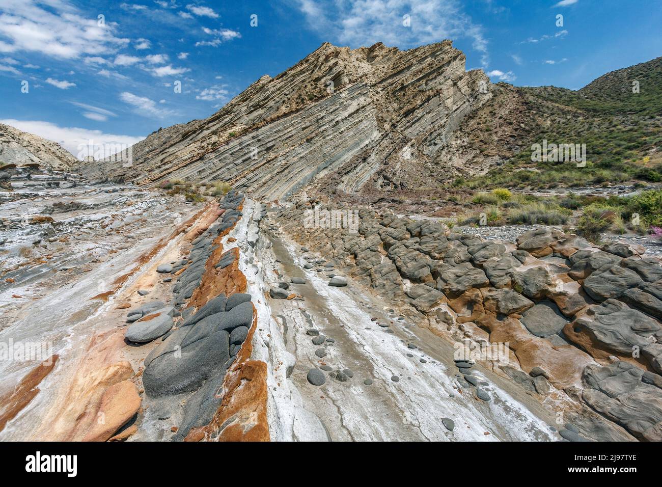 Geological layers at Tabernas desert, Almeria province, Andalusia, Spain Stock Photo