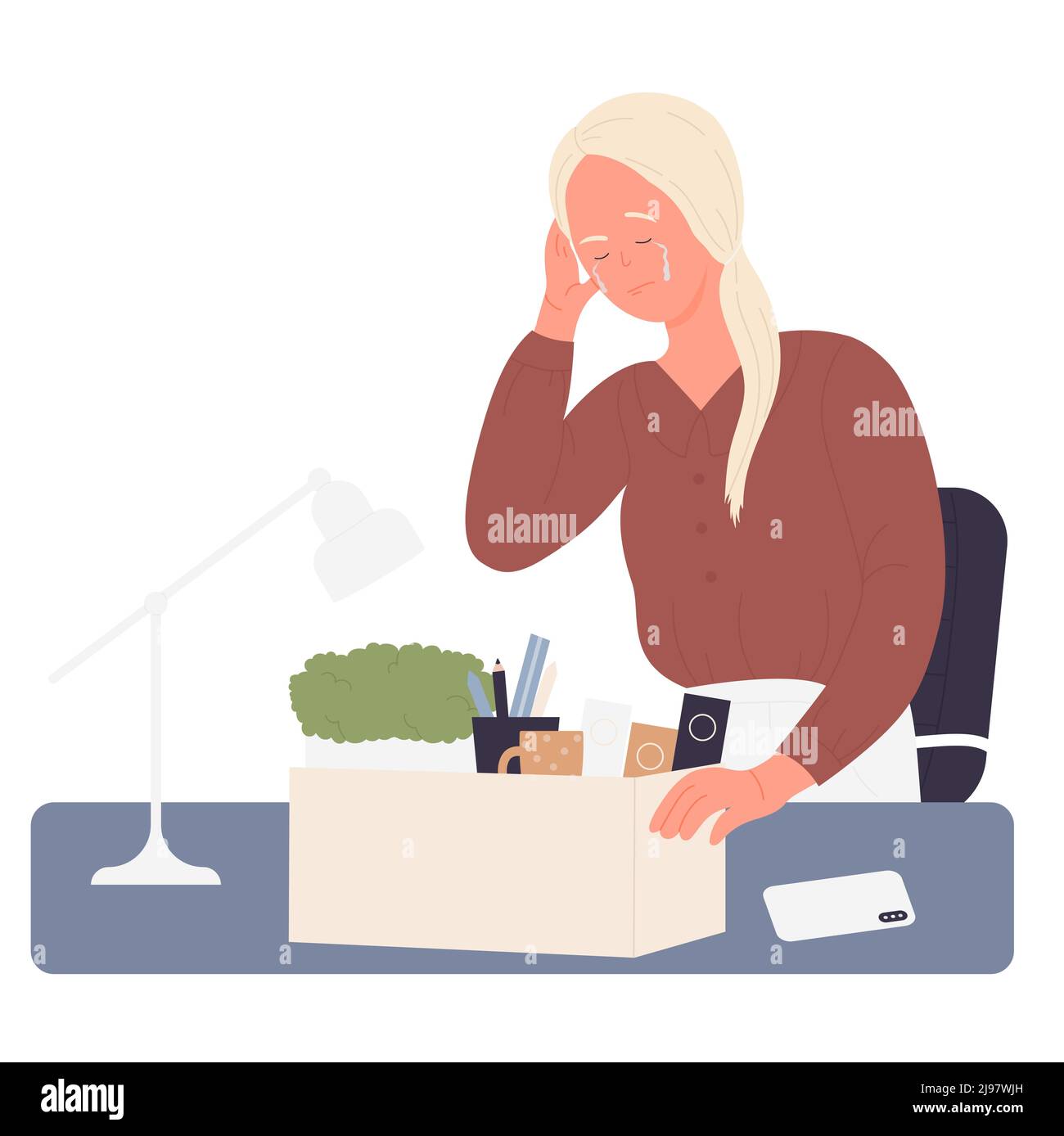 Fired female office employee crying. People dismissal, resigning and quitting job vector