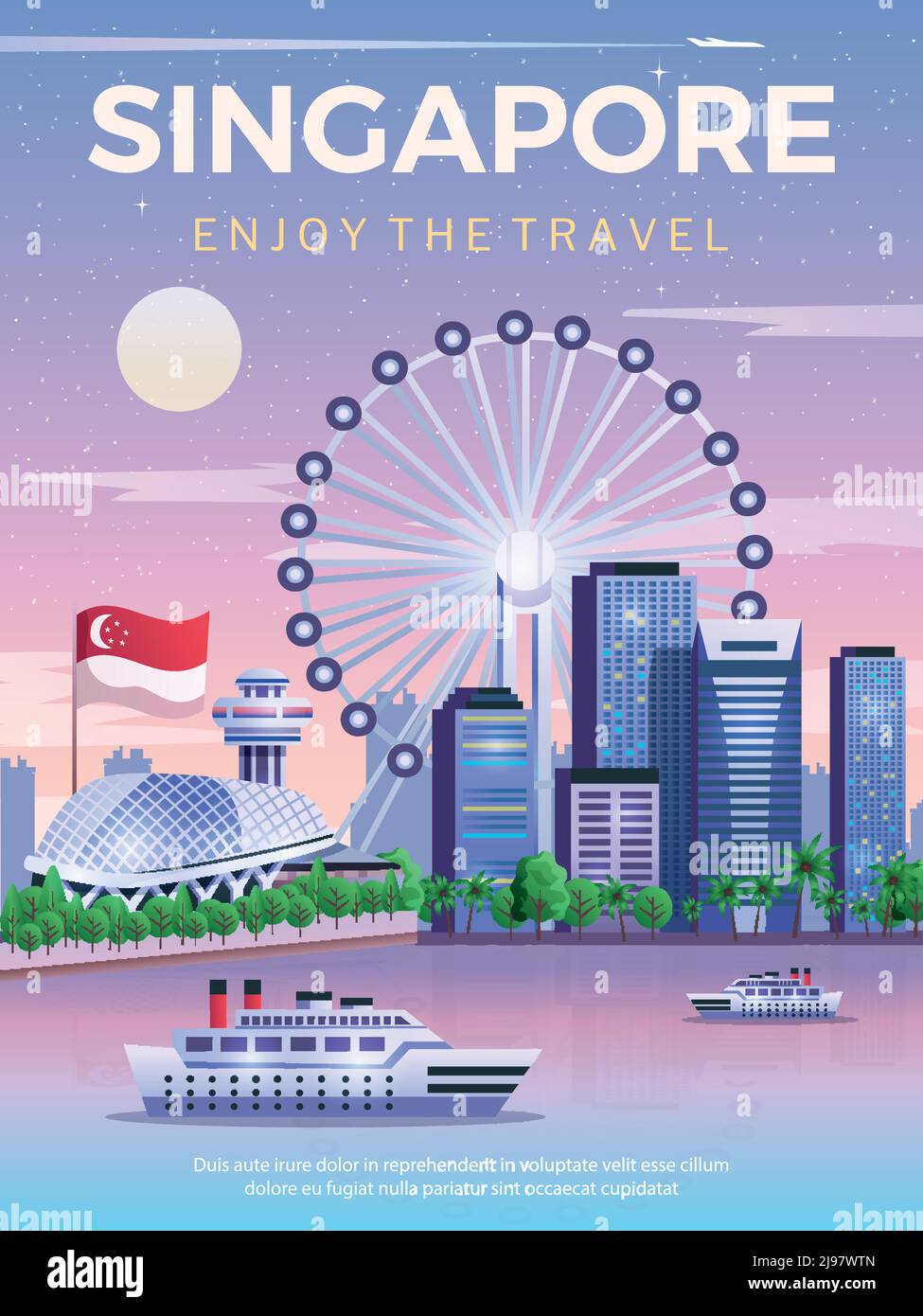 Singapore travel poster with national flag and city skylines at marina bay flat vector illustration Stock Vector