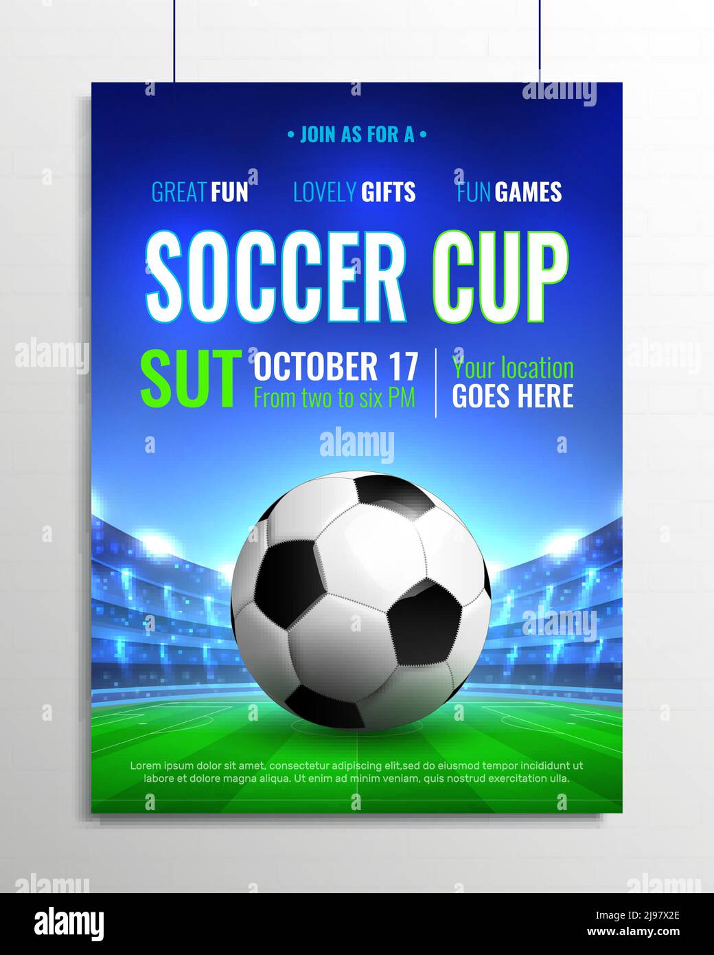Soccer cup poster on grey brick wall with ball on green field, tribunes