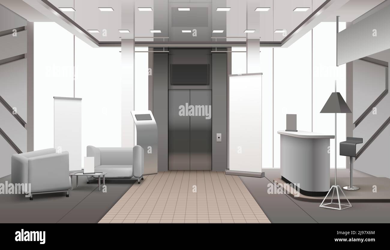 Realistic grey color lobby interior with lift, reception counter, waiting area, tiled and carpet floor vector illustration Stock Vector