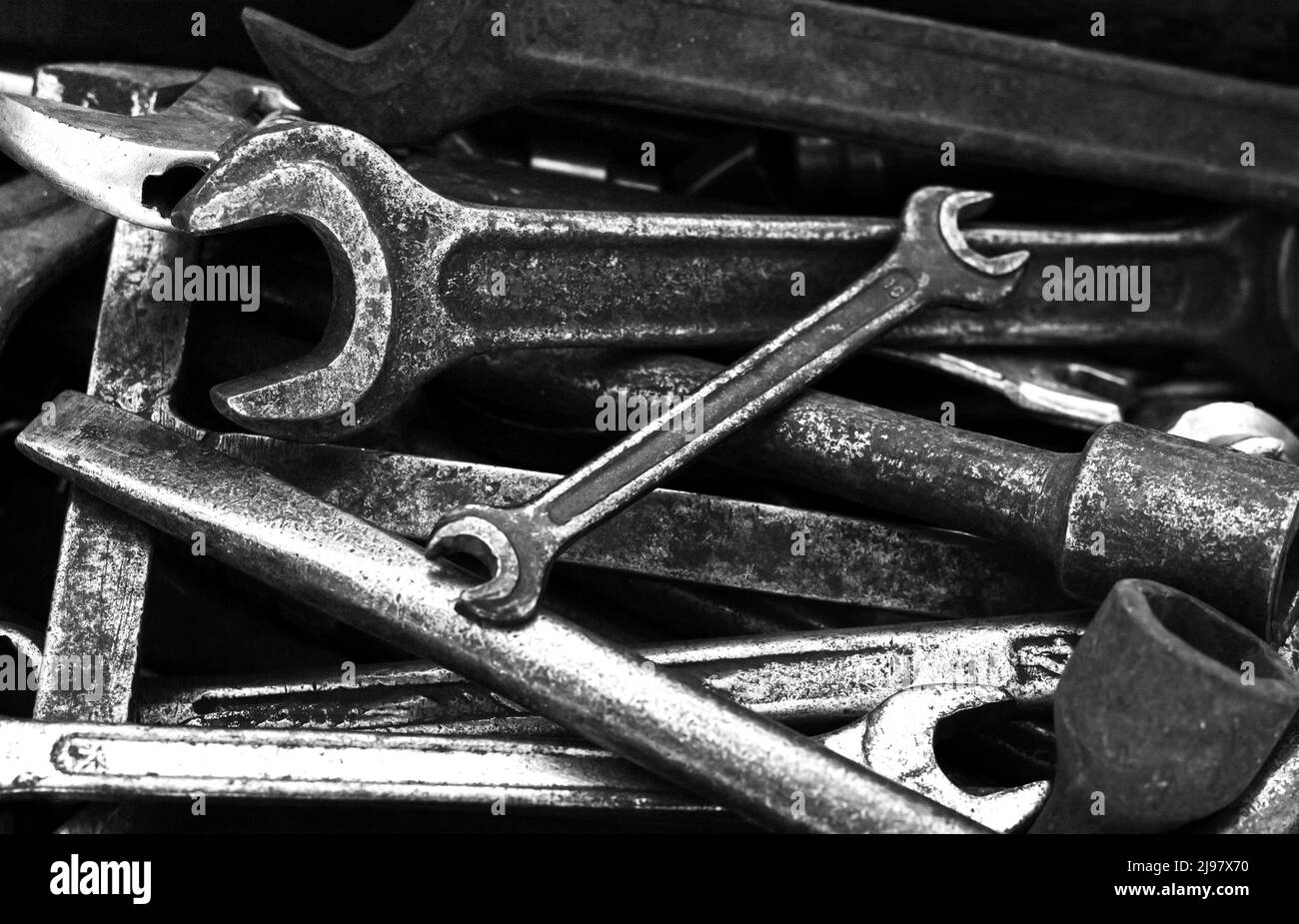 Different dirty old hand tools close-up Stock Photo