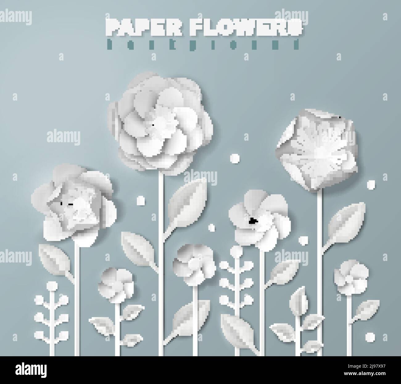 Realistic white paper flowers of various shape on stems with foliage on ...