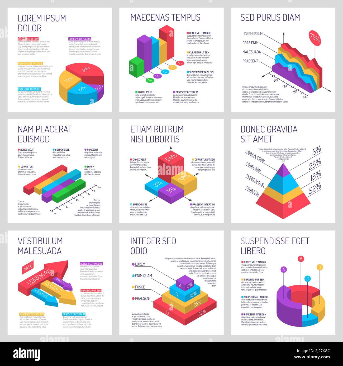 Isometric diagrams infographics banners collection with compositions of text and nine isolated colourful three-dimensional graphs vector illustration Stock Vector