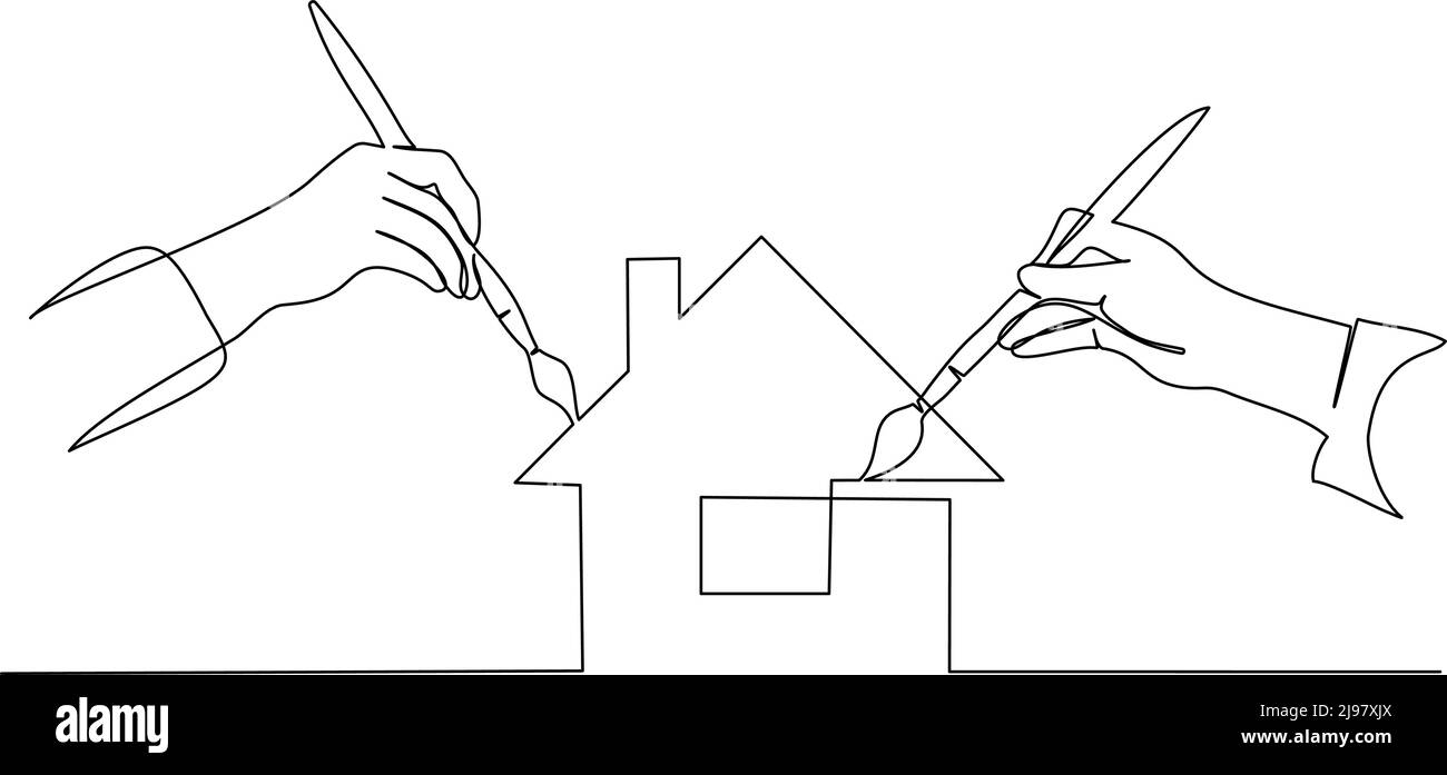 Two hands of people painting house with paintbrush. Continuous one line drawing. Vector illustration isolated on white background Stock Vector