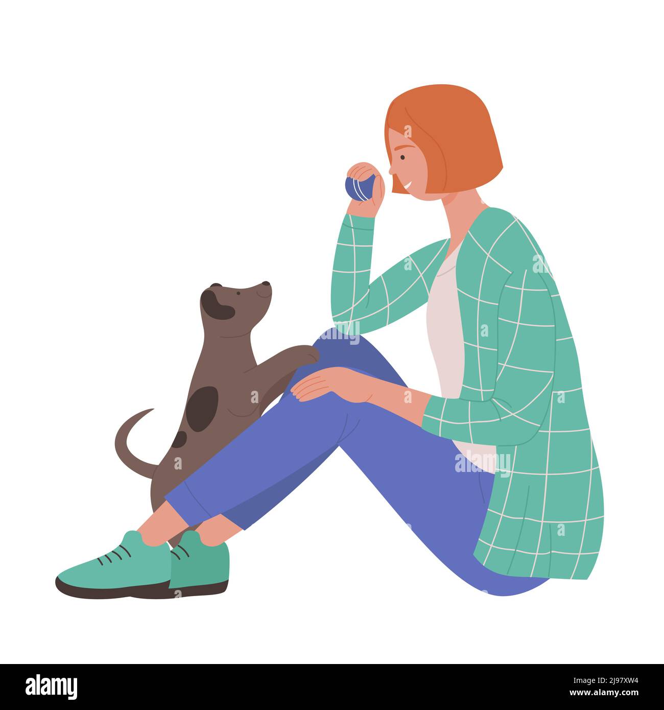 Sitting cute girl playing ball with her puppy dog. Affectionate treatment of domestic pet cartoon vector illustration Stock Vector
