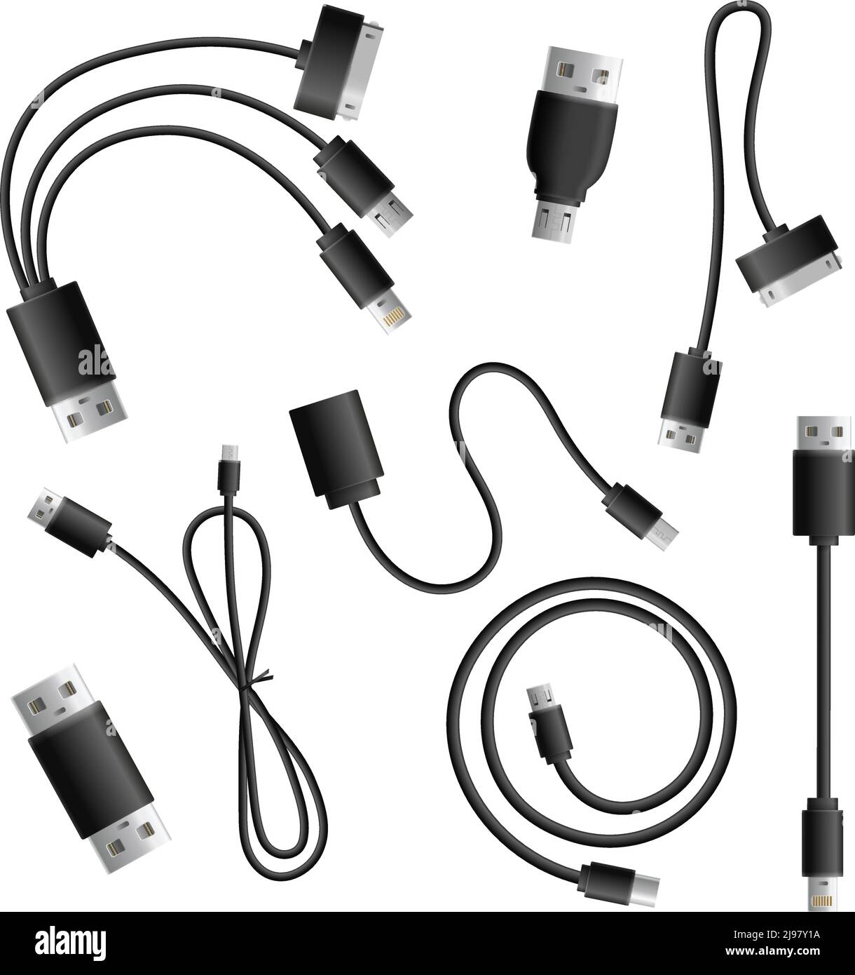 Realistic adapter cable connectors types collection of isolated data ...