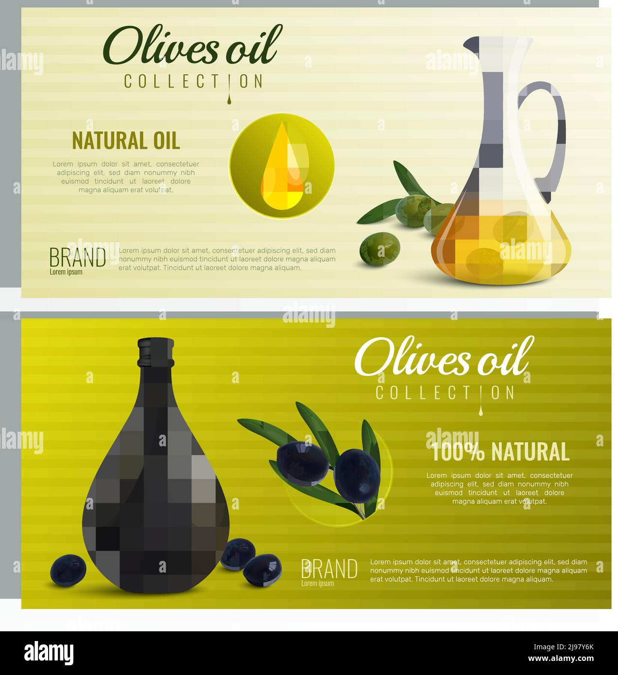 Realistic oil from olives in jug and bottle horizontal banners on textured background isolated vector illustration Stock Vector