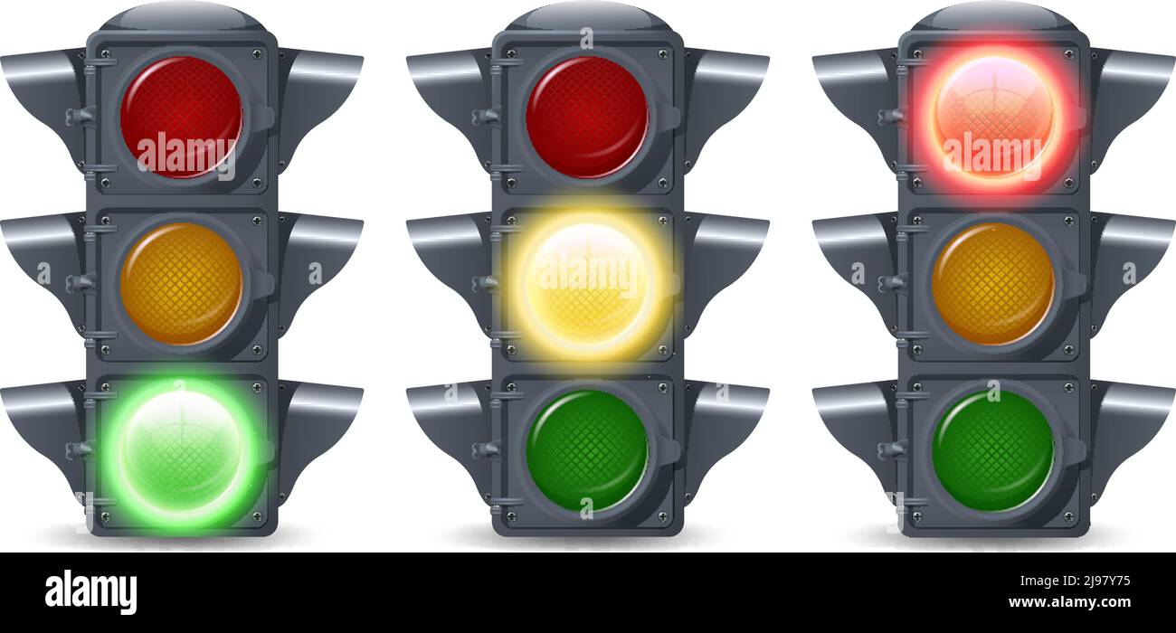 Traffic lights illuminated realistic decorative icons set isolated