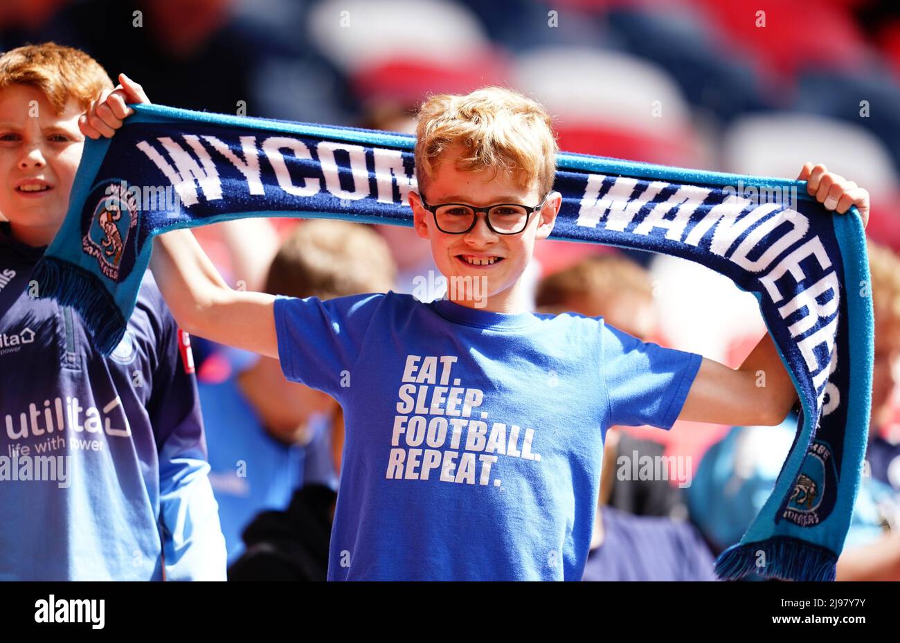 Wycombe Wanderers fans in the stands before the Sky Bet League One play-off final at Wembley Stadium, London. Picture date: Saturday May 21, 2022. Stock Photo