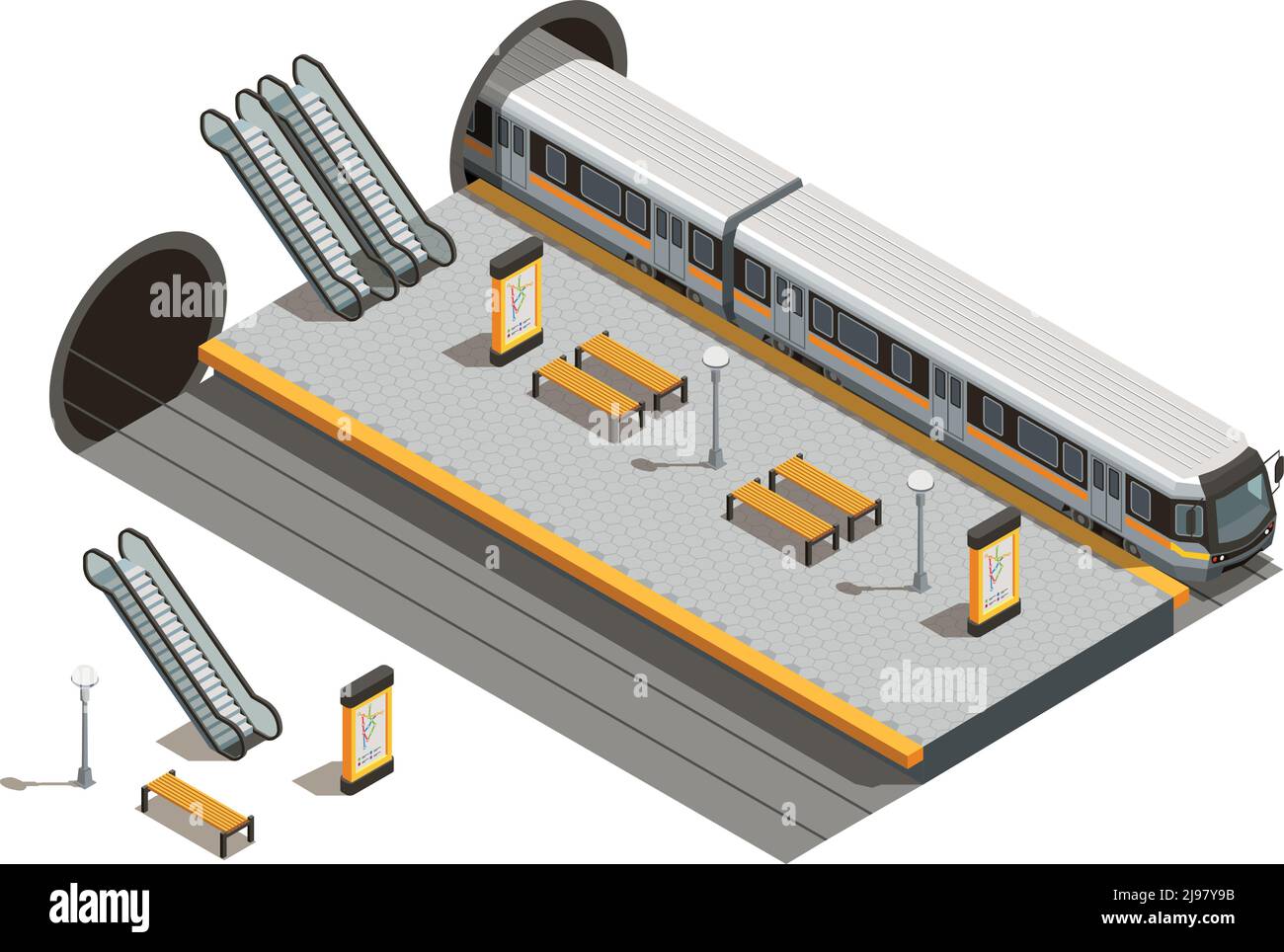 Public city transport isometric composition with underground metro station escalators and benches with underground rolling stock vector illustration Stock Vector