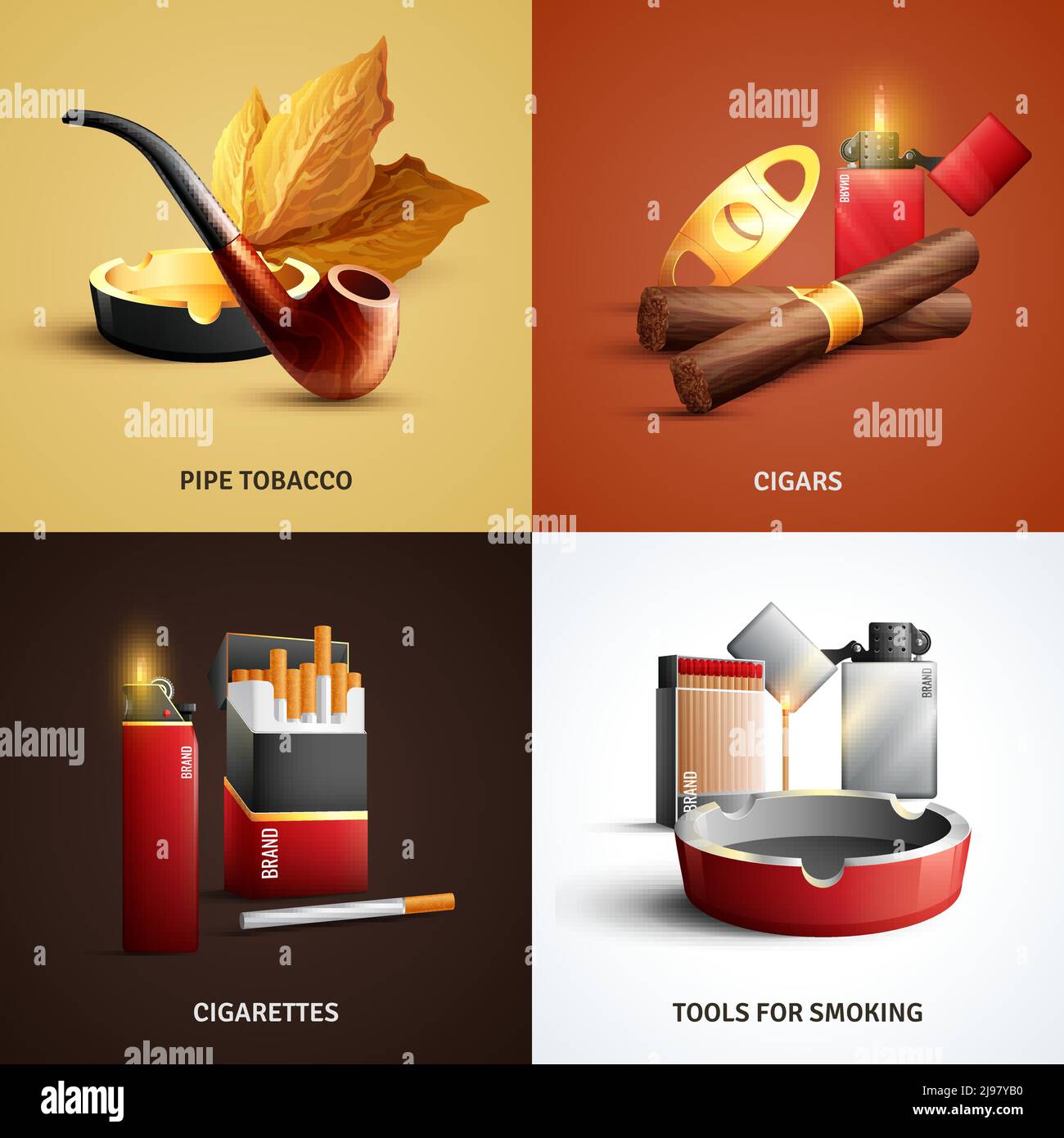 Tobacco products design concept with cigars, cigarettes, wood pipe and ashtray, tools for smoking isolated vector illustration Stock Vector