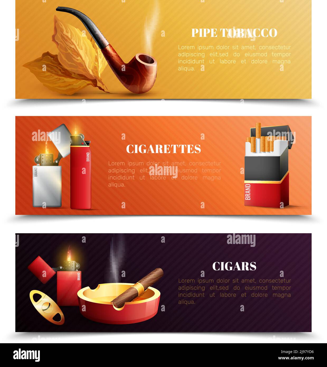 Tobacco products set of horizontal banners with smoking pipe
