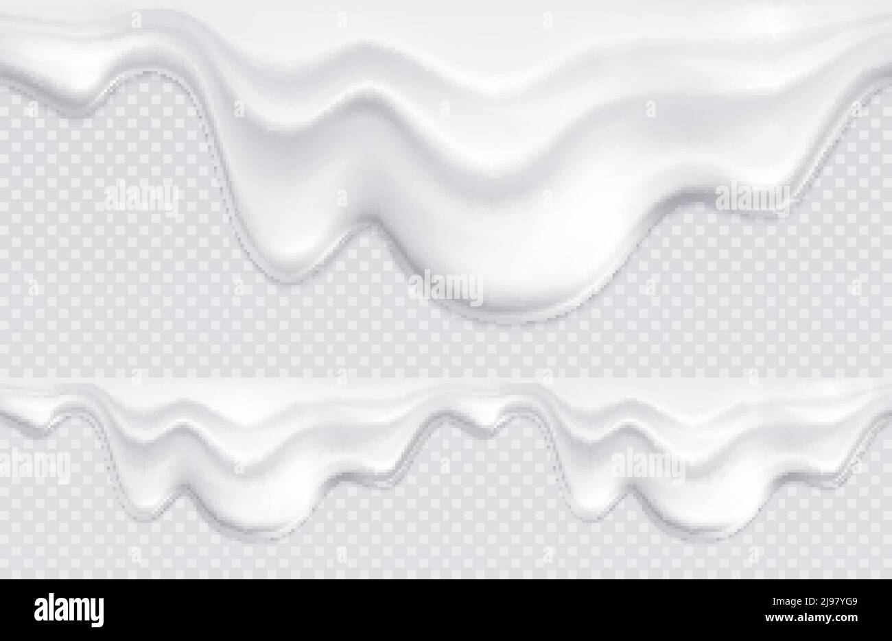 Two borders with pattern composed of white yogurt or ice cream drips on transparent background seamless vector illustration Stock Vector