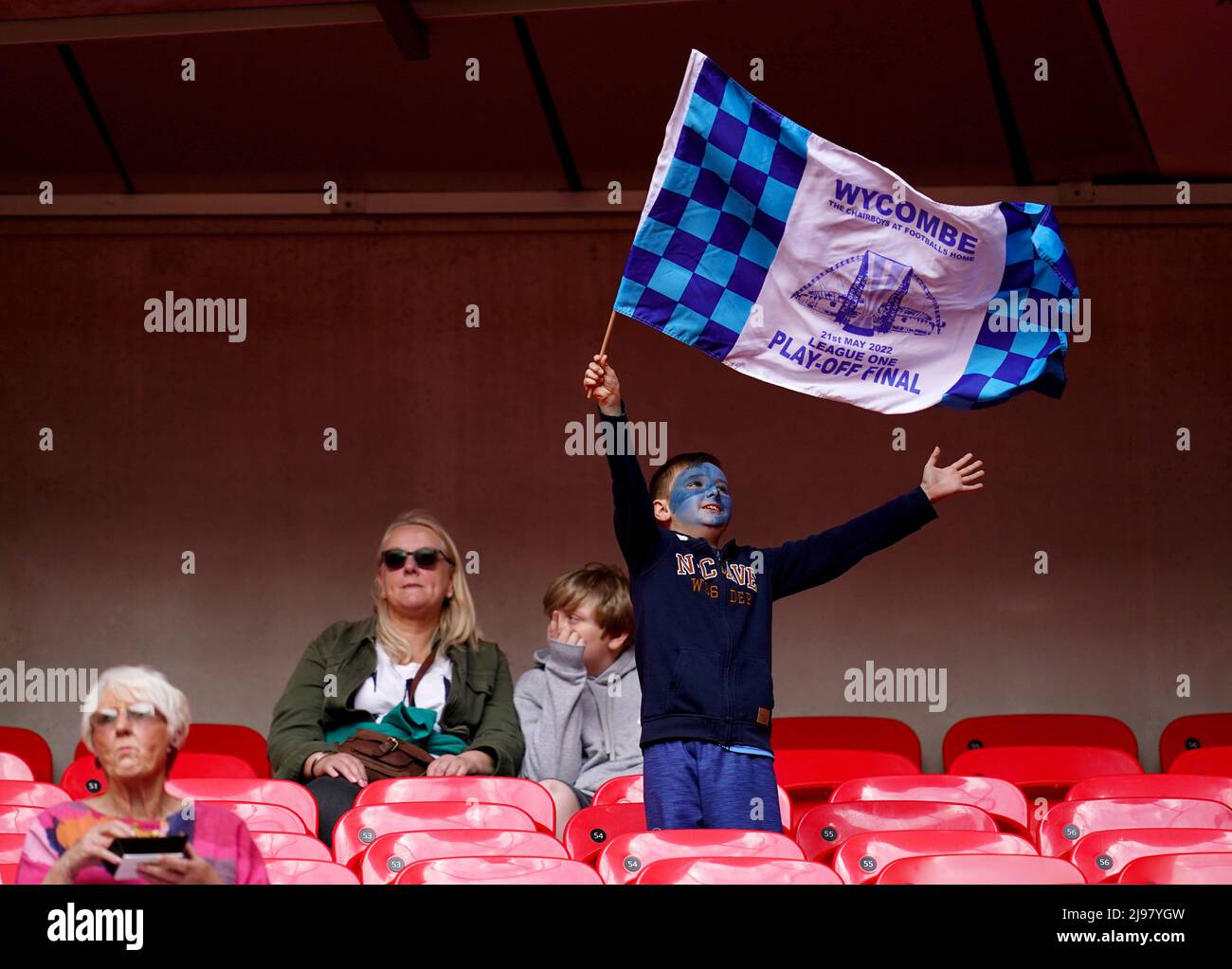 Wycombe Wanderers fans in the stands before the Sky Bet League One play-off final at Wembley Stadium, London. Picture date: Saturday May 21, 2022. Stock Photo