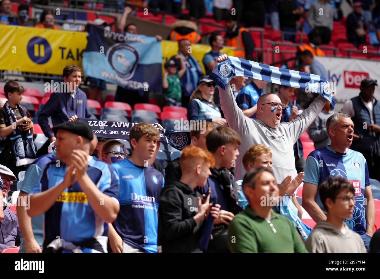 Wycombe Wanderers fans in the stands before the Sky Bet League One play-off final at Wembley Stadium, London. Picture date: Saturday May 21, 2022. Stock Photo