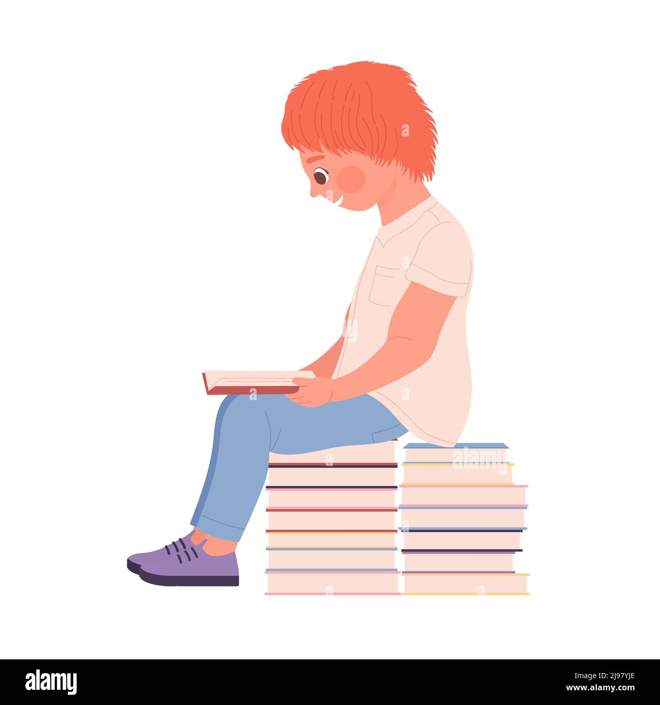 Cute red haired boy sitting on pile of books and reading. Literature