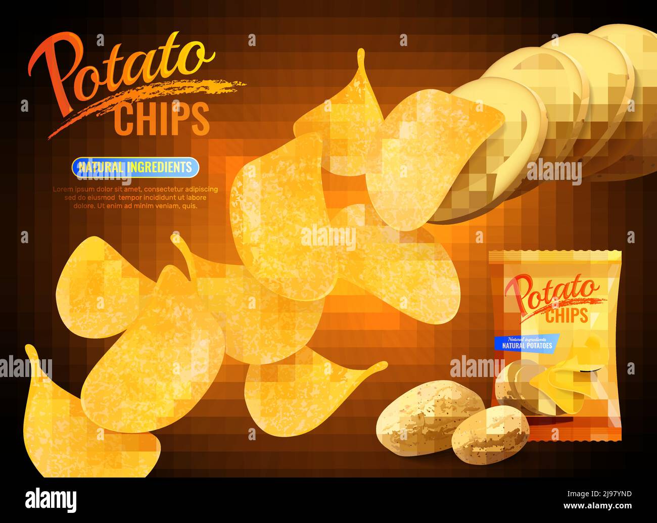 Potato chips advertising composition with realistic images of crisps natural potatoes and pack shot with text vector illustration Stock Vector