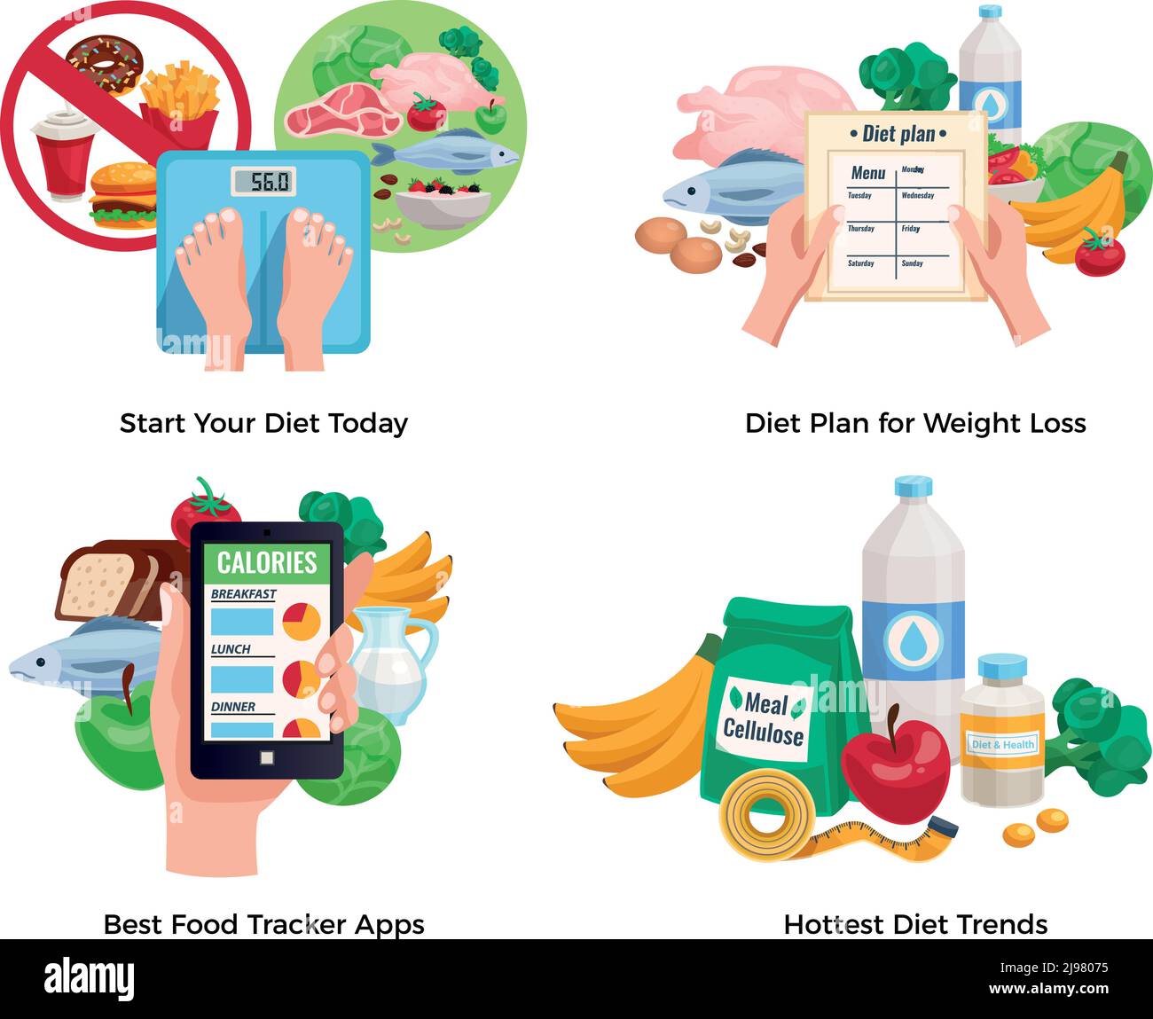Diet for weight loss 2x2 design concept with hottest diet trends and best food tracking app cartoon compositions vector illustration Stock Vector