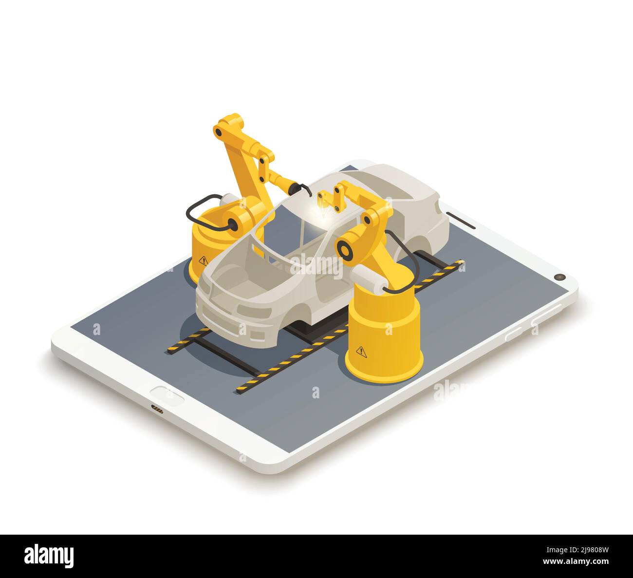 Smart industry intelligent manufacturing isometric composition with 2 robotic arms in automotive assembly line vector illustration Stock Vector