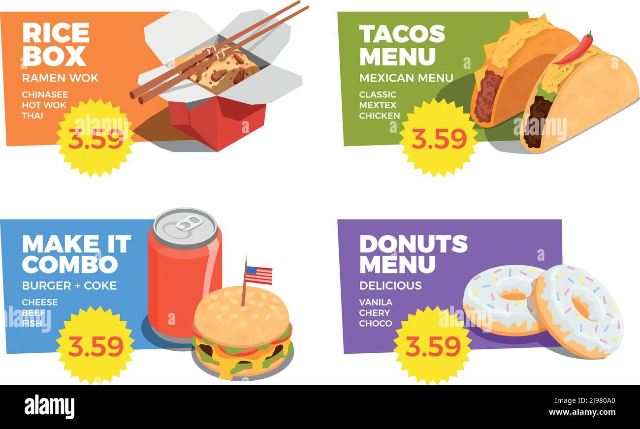 Street food concept set with tacos and donuts menu  symbols isometric isolated vector illustration Stock Vector