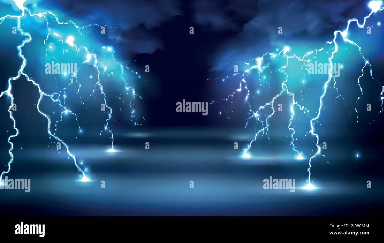 Realistic lightning bolts flashes composition with images of clouds in