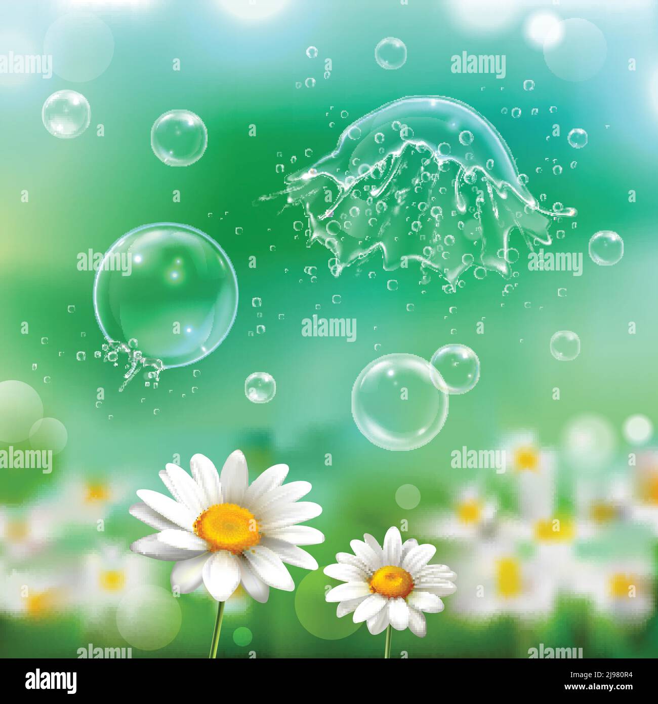 Soap bubbles floating bursting popping exploding above chamomile flowers realistic image with green blurry background vector illustration Stock Vector
