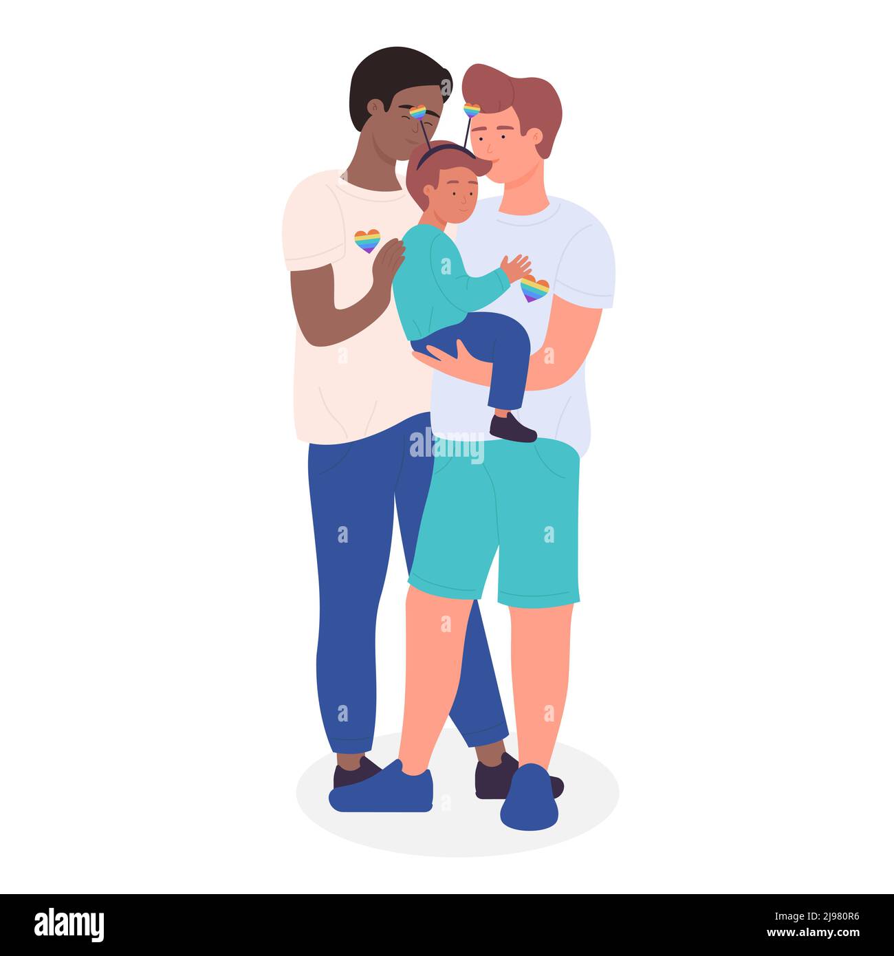 Gay couple standing together with adopted child. Happy lgbt family and parenting rights cartoon vector illustration Stock Vector