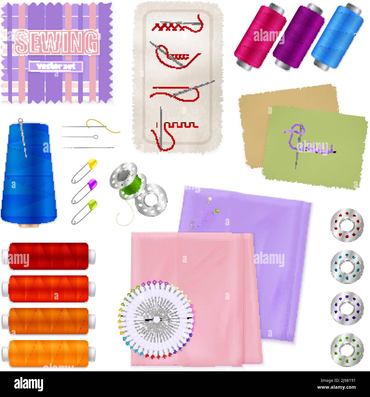 Sewing accessories realistic icons set of textile pieces spools pins ...