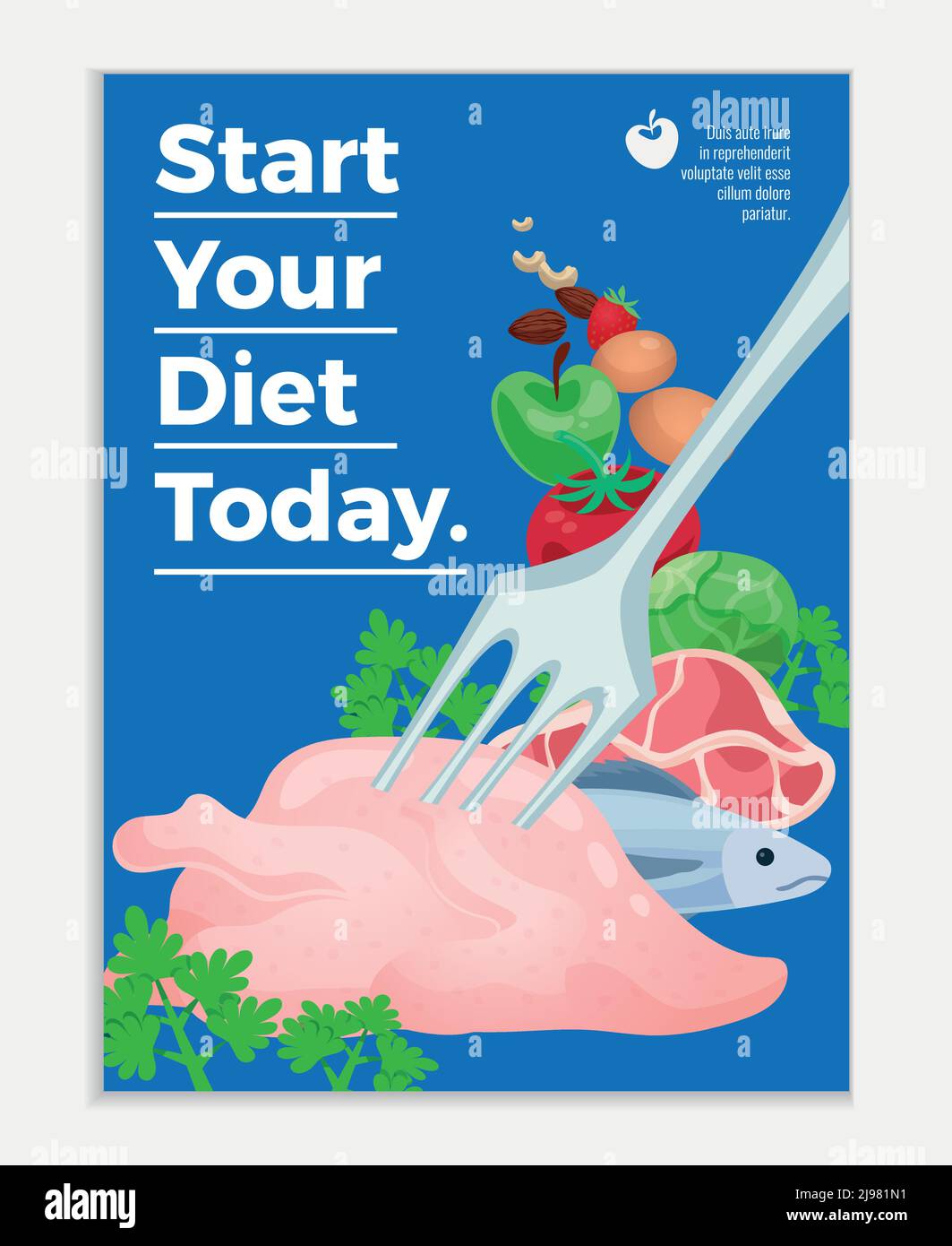 Diet poster with raw meat products and vegetables and text start your diet today cartoon vector illustration Stock Vector