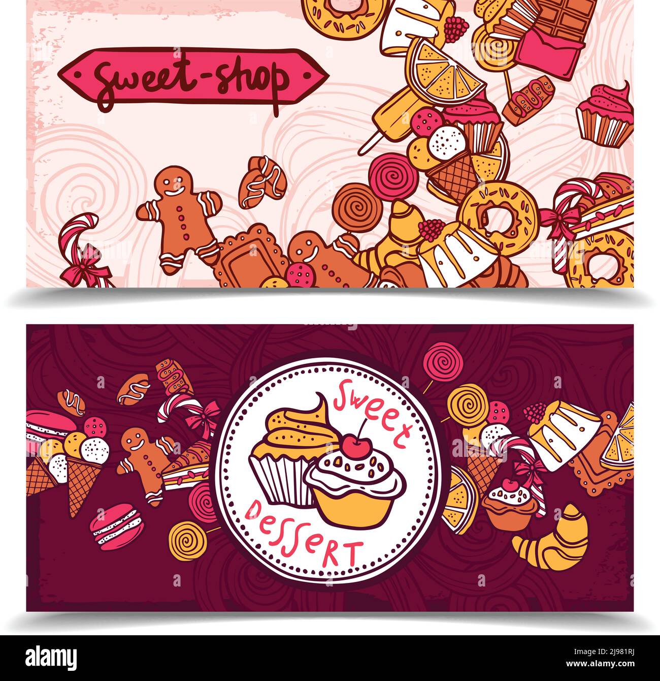 Sweetshop vintage chocolate cupcakes desserts confectionary store ginger boy cookies horizontal banners set abstract isolated vector illustration Stock Vector