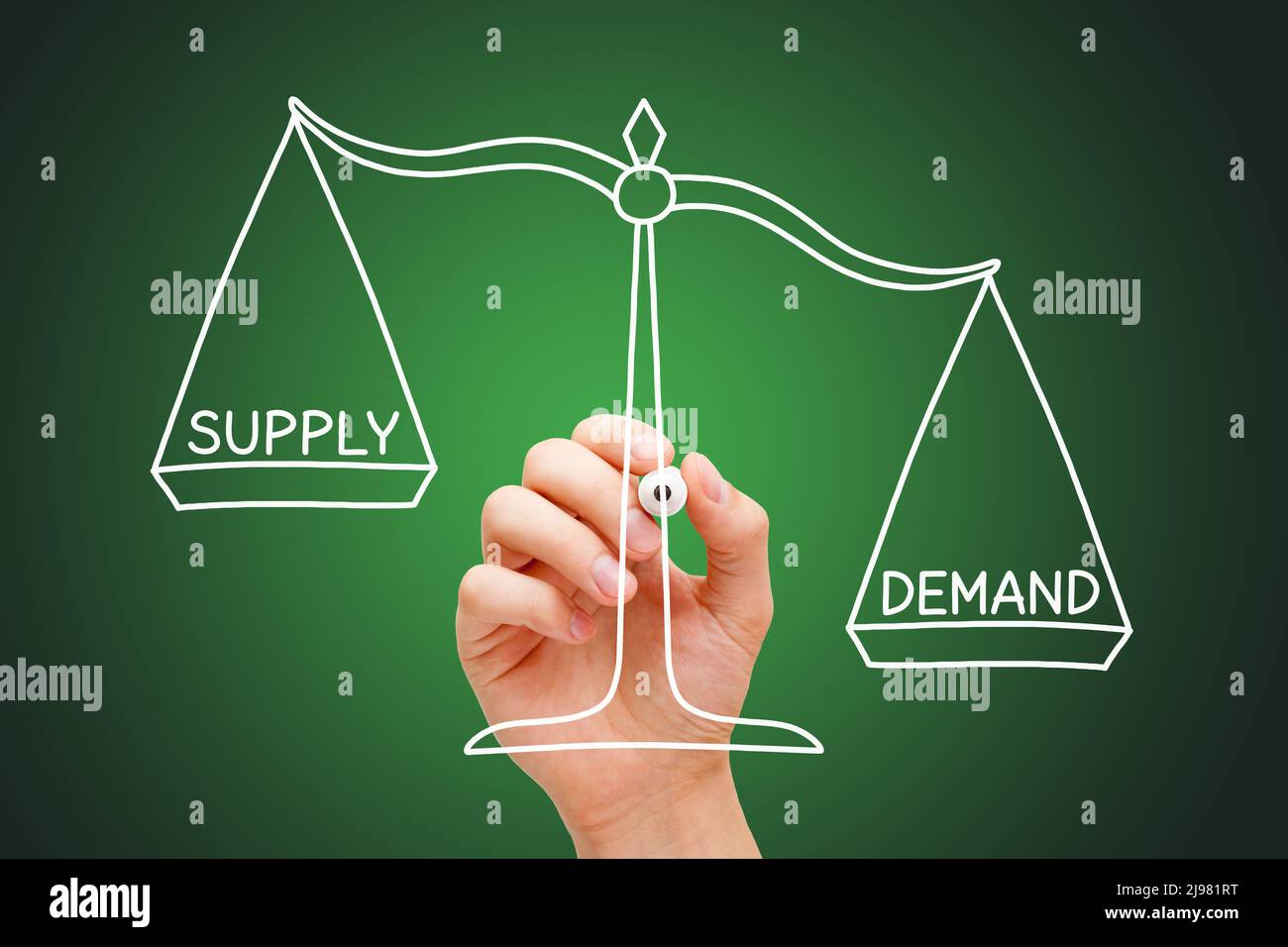 Hand drawing Global Supply Chain Crisis scale concept. High demand low supply. Stock Photo