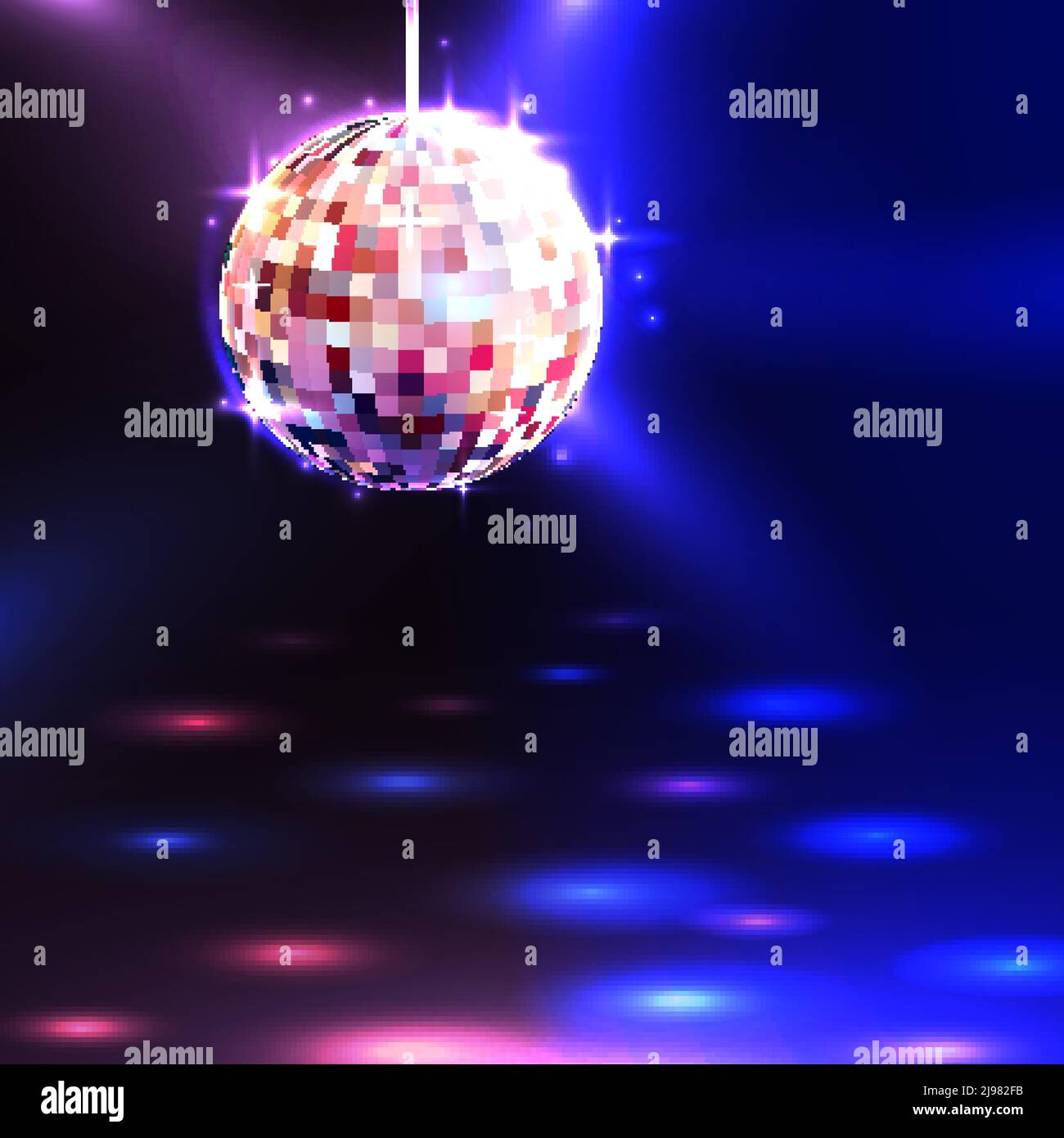 Modern illuminating disco ball sphere with spotlights disco background vector illustration Stock Vector