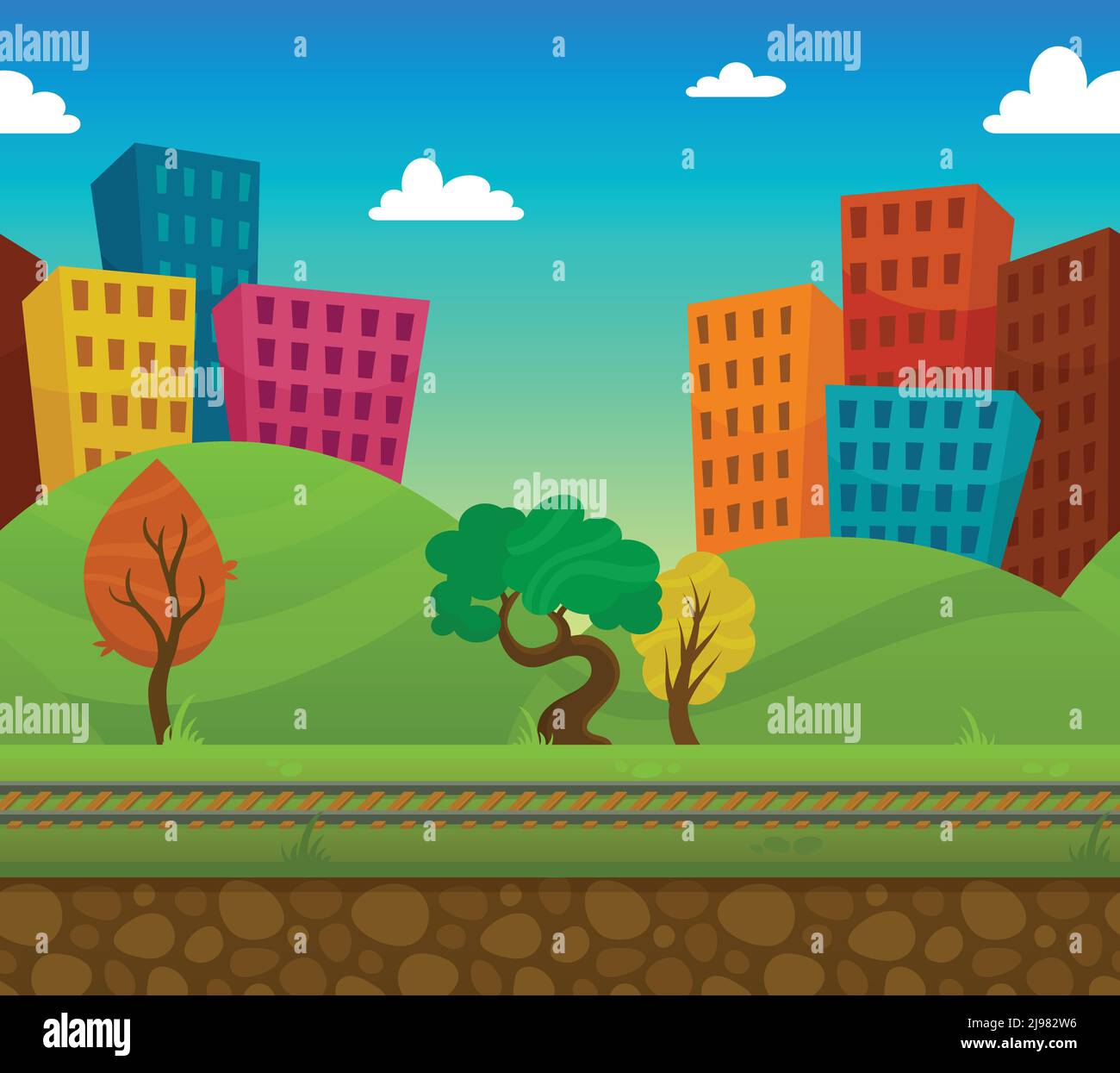 Railway 2d game landscape with city houses on background flat vector ...