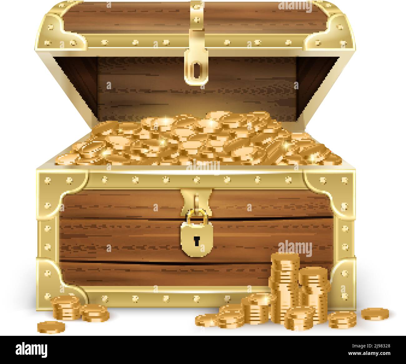 Shiny gold ancient coins in old open wooden chest Vector Image