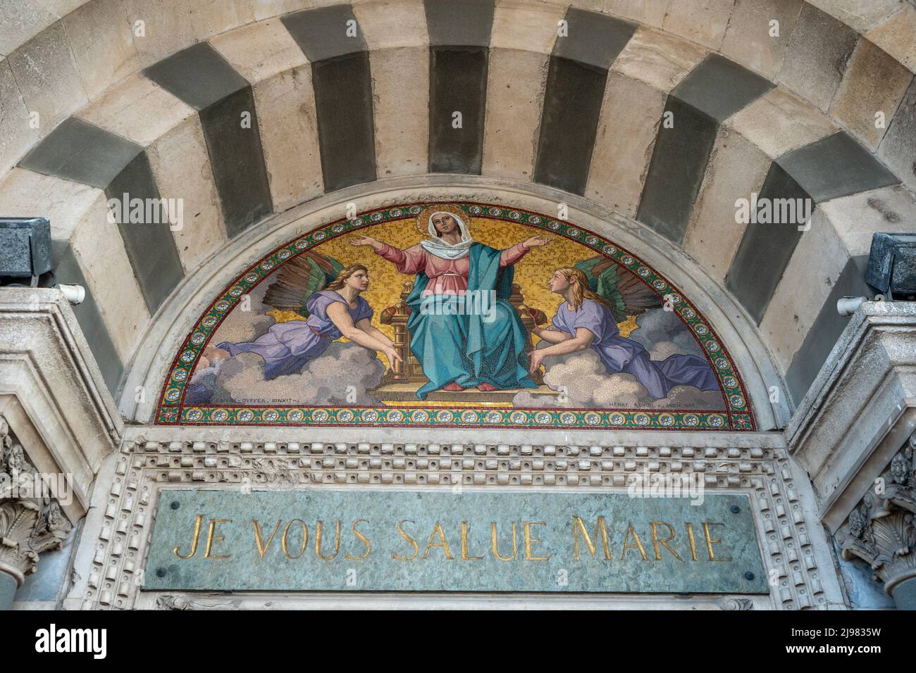 France. Marseille. Bouche-du-Rhone (13). Pediment of the Basilica of Our  Lady of the Garde Stock Photo