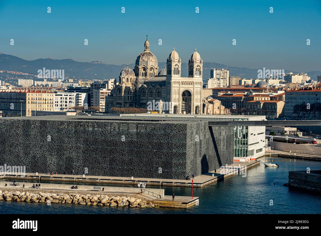 France. Marseille. Bouche-du-Rhone (13). The Mucem. Museum of European and Mediterranean Civilizations and La Major Cathedral Stock Photo