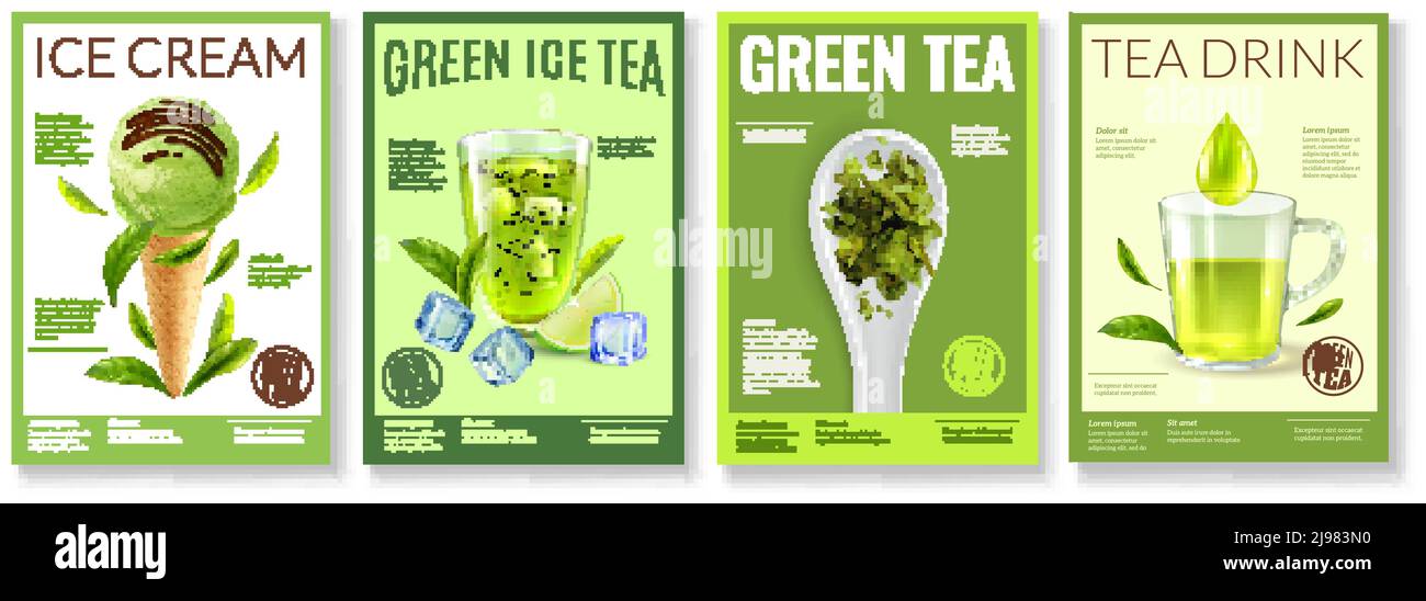 Realistic green tea posters collection with four vertical backgrounds