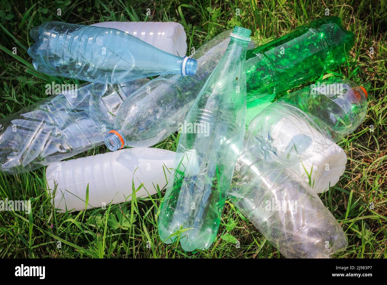 Plastic bottles and bottle caps on grass. Stock Photo