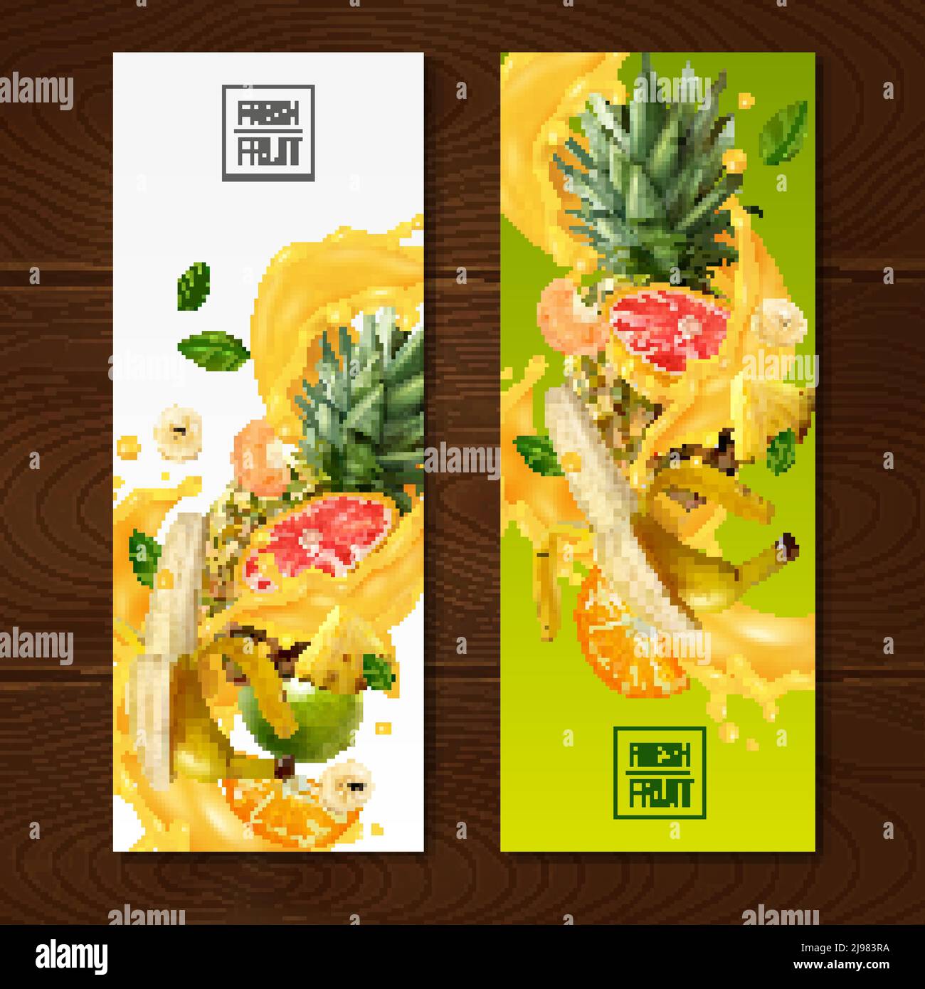 Realistic fruits juice banners collection with compositions of fruit