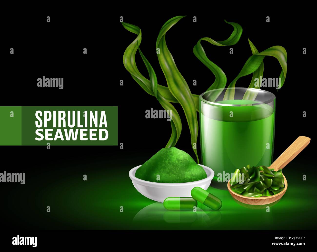 Spirulina seaweed supplement colorful green black background poster
