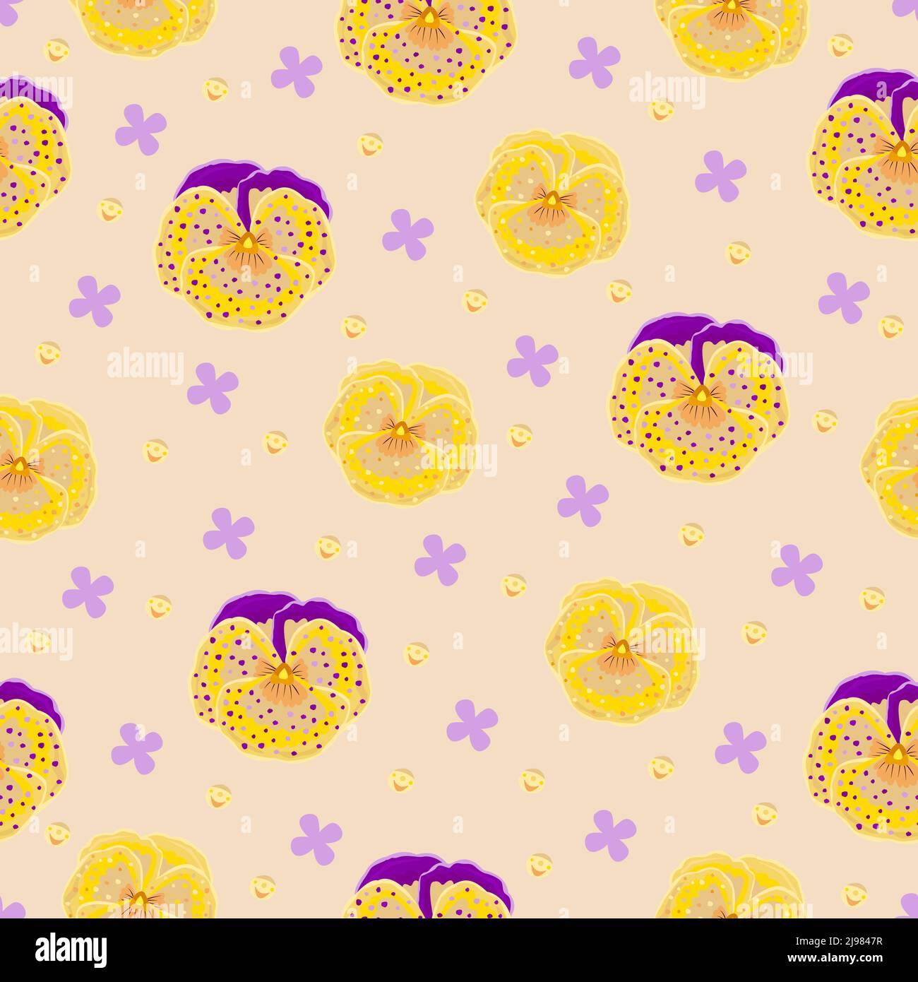 Yellow and violet pansies with abstract spots, seamless pattern Stock Vector