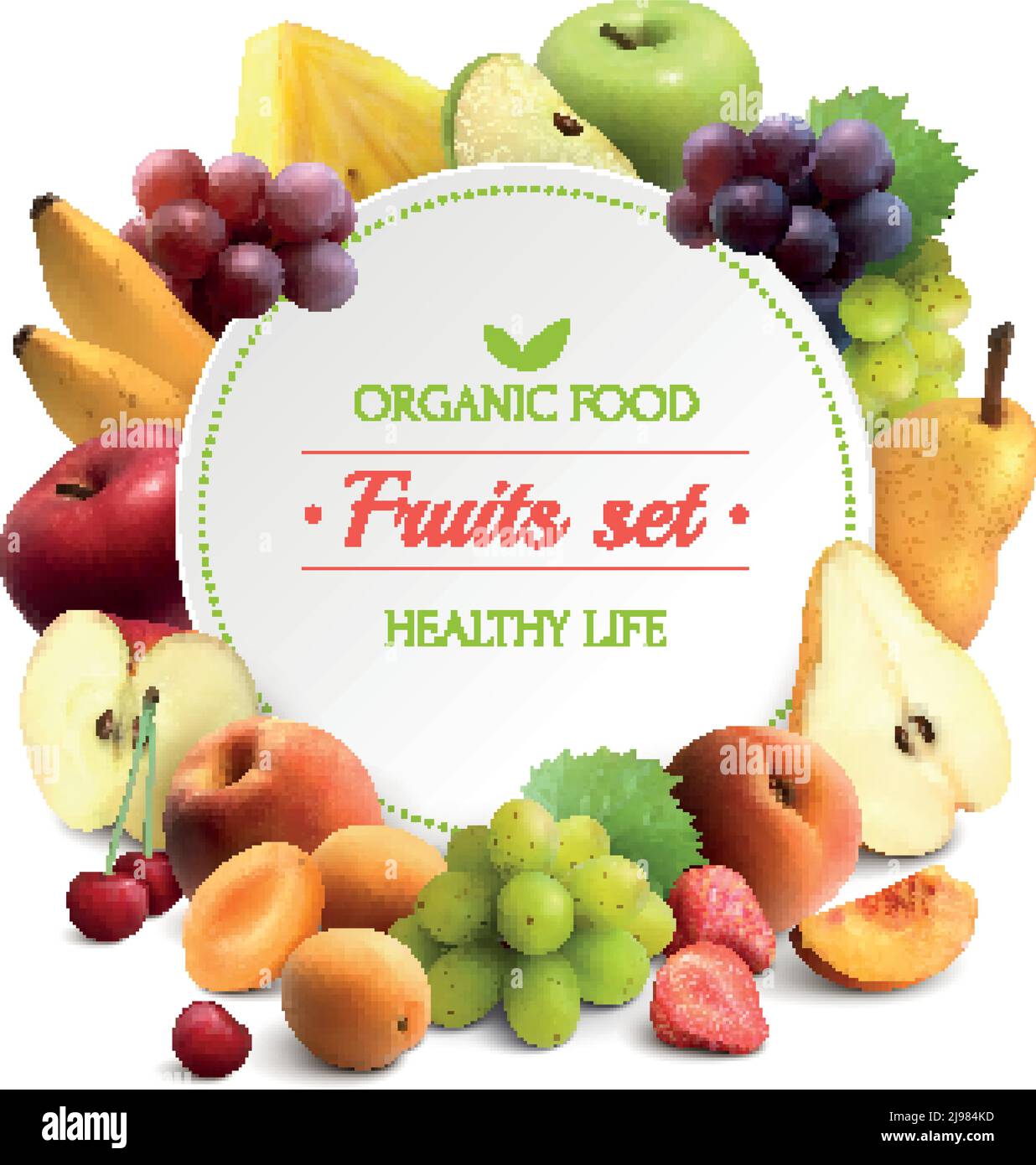 Organic food colorful background with fruits frame and round place for ...