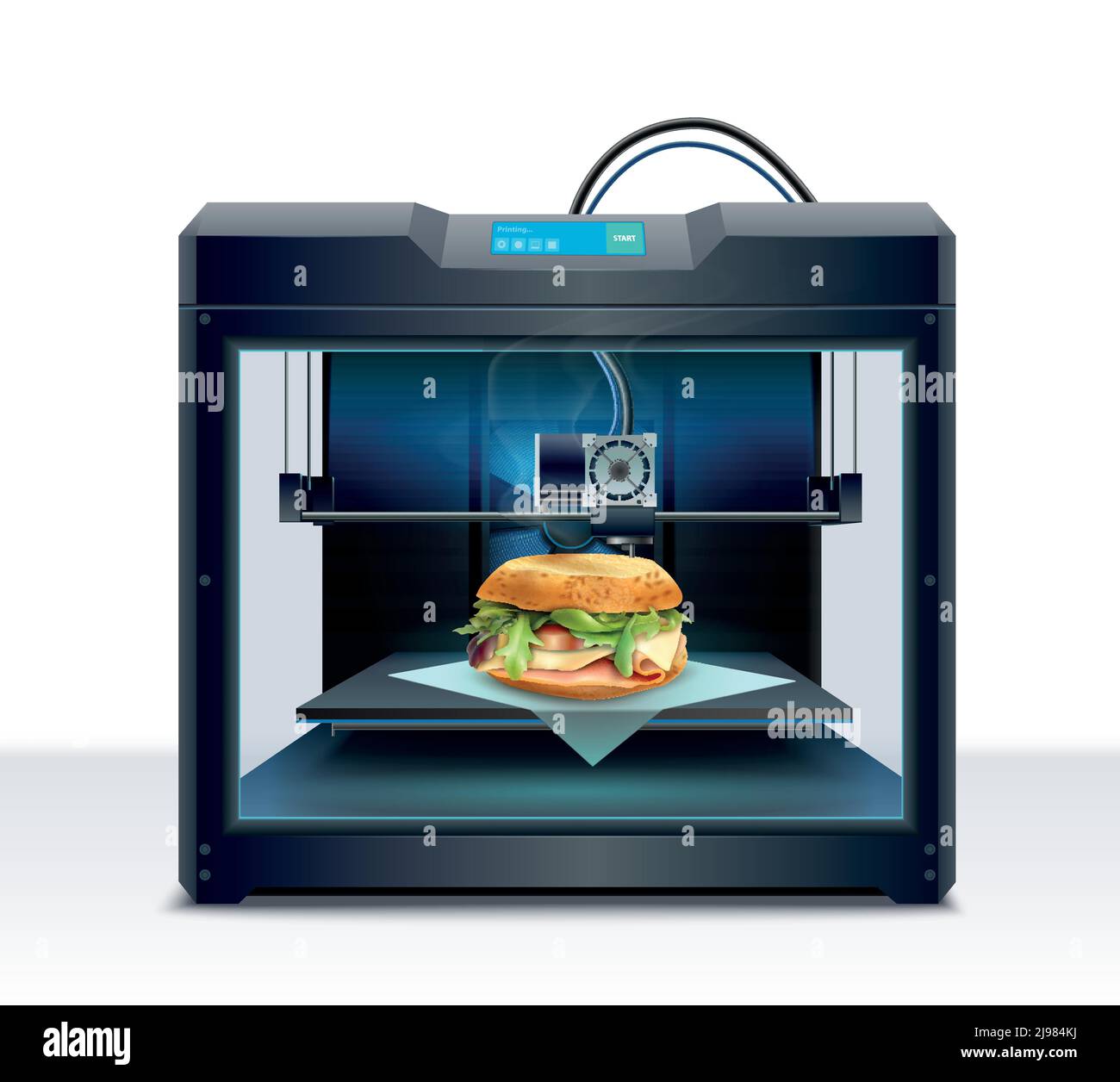 Realistic composition with process of burger 3d printing vector illustration Stock Vector