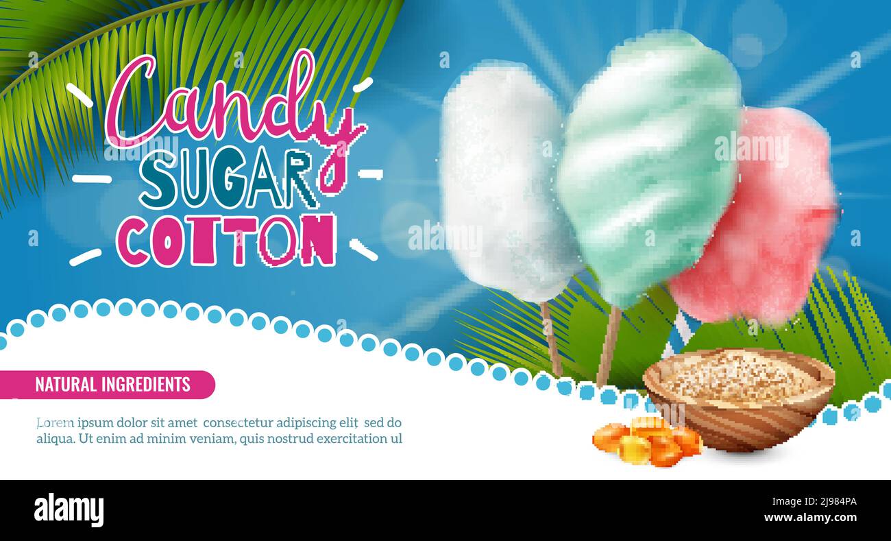 Realistic candy sugar cotton horizontal poster background with editable text and images of palm leaves sweets vector illustration Stock Vector