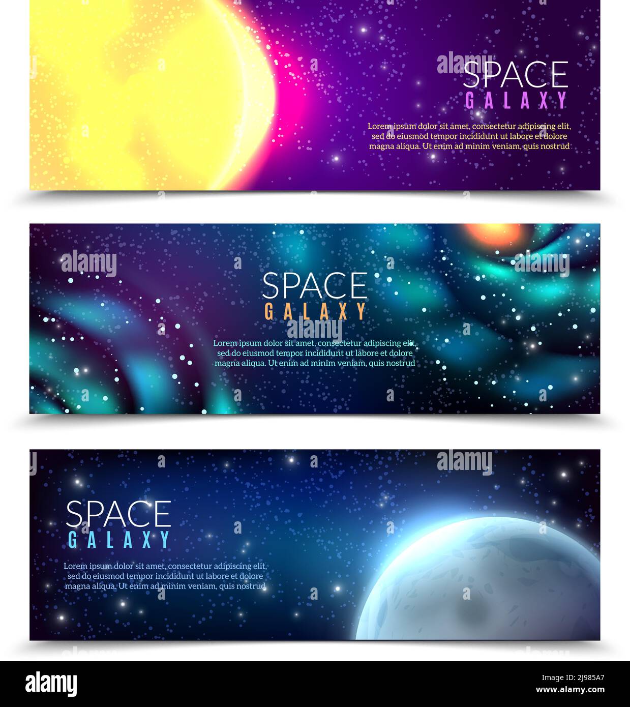 Space stars constellations spiral galaxies  planets 3 horizontal colorful astronomical banners with night sky background vector illustration Stock Vector
