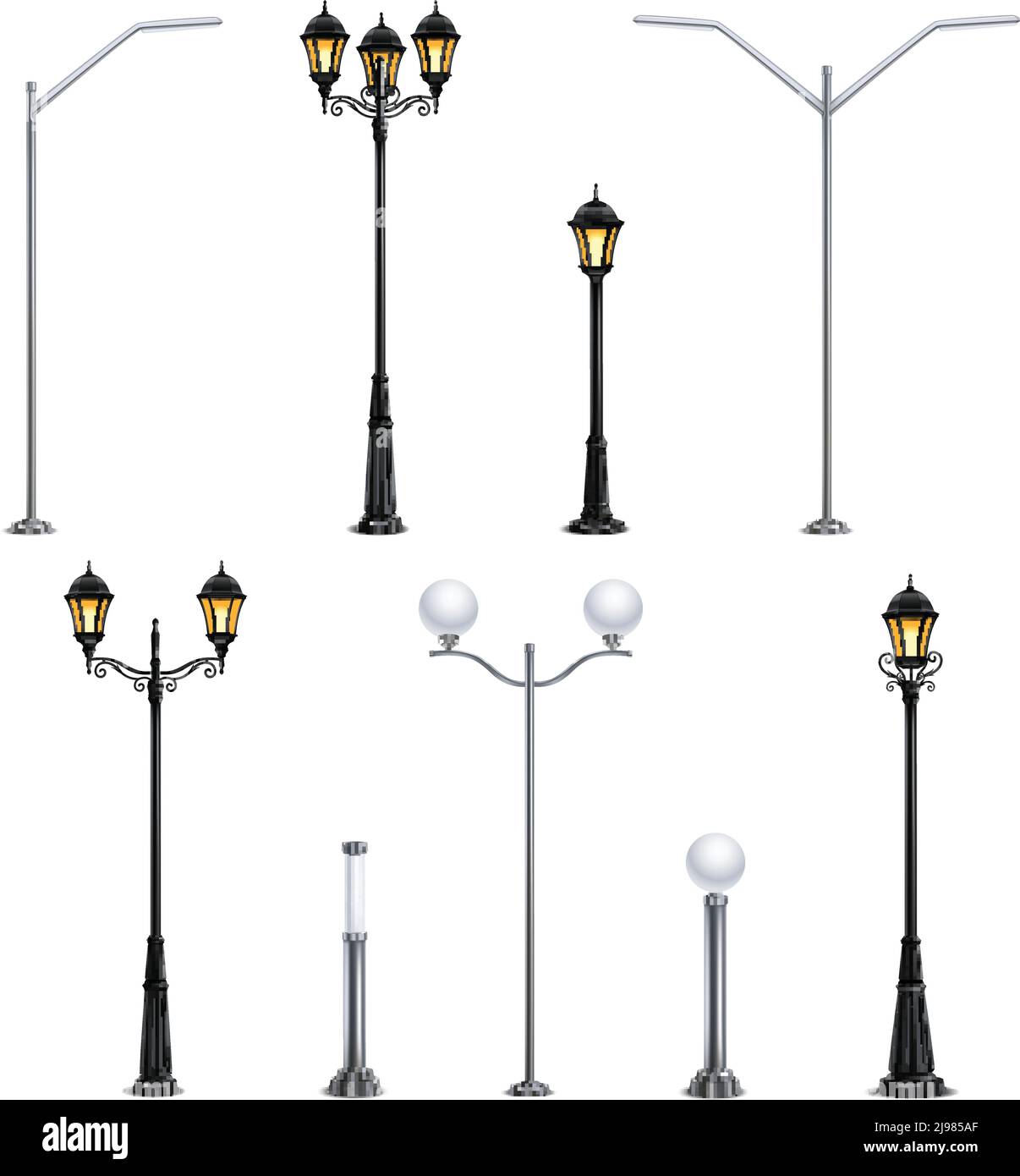 Street lights realistic icon set on white background in different styles for the city vector illustration Stock Vector